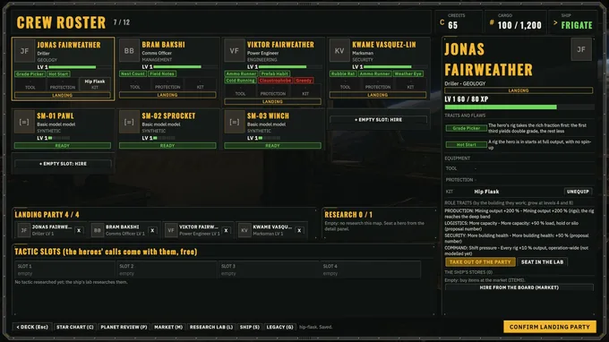 In-game screenshot. The crew roster: named veterans with roles, levels, traits, equipment and the landing party, plus a level-up pick.