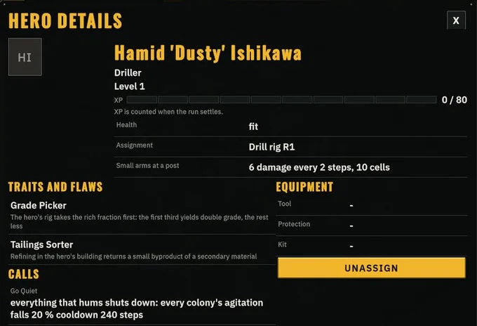 In-game screenshot. A hero's details: Hamid 'Dusty' Ishikawa, a driller, with level, health, assignment, the traits Grade Picker and Tailings Sorter, equipment slots and two calls, Go Quiet and Push It.