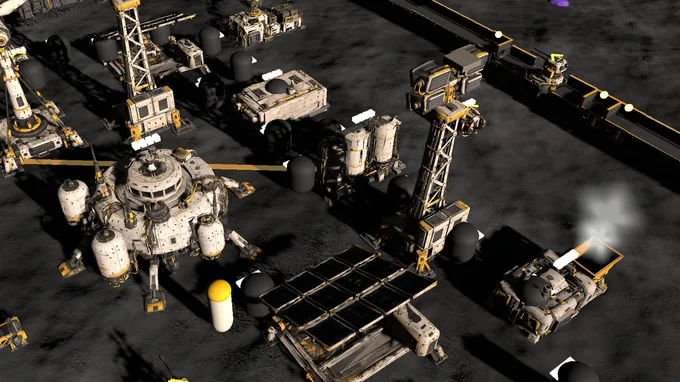 In-game screenshot. The operation by day: drill rigs, the command hub, solar arrays and storage, every building a working machine.