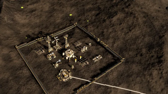In-game screenshot. A walled mining compound on a temperate ochre world, with a cargo line running out to the shuttle pad.
