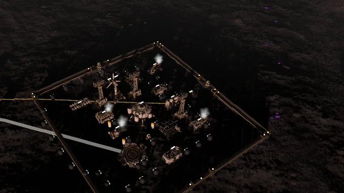 In-game screenshot. Dusk over the compound: the light failing, the cargo line running out past the wall into dark ground.