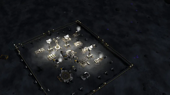 In-game screenshot. The same kind of compound at night: floodlights over the buildings, the dark around the wall full of movement.