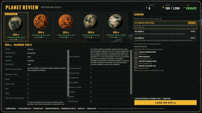 In-game screenshot. The planet review screen: candidate worlds, their scanner readings and the proposed landing zones.