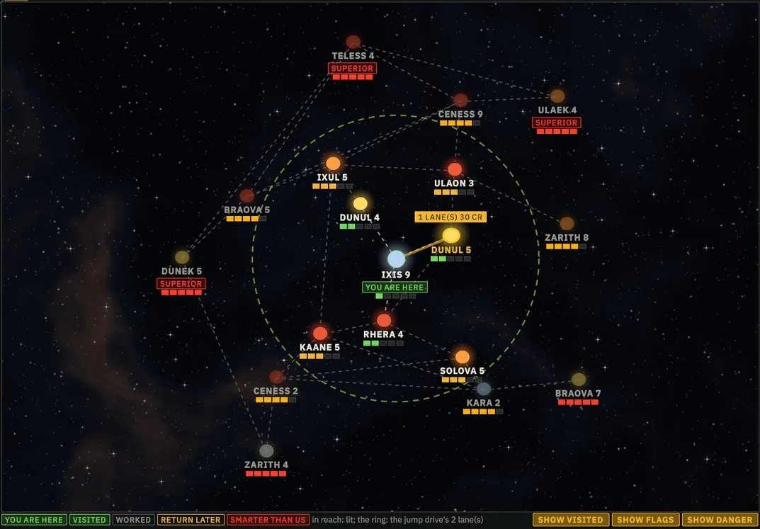 In-game screenshot. The star chart zoomed out: a field of star systems joined by jump lanes, each with its danger rating, the ring of systems the jump drive can reach, and Superior worlds flagged in red.